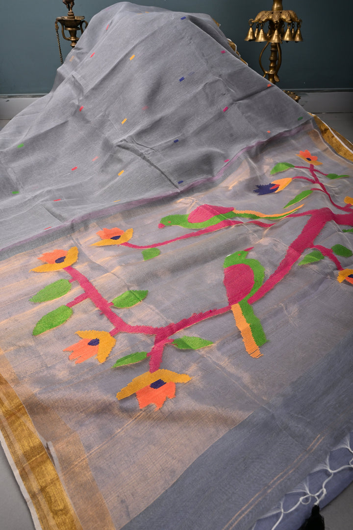 Slate Gray Meenakari Resham Buttas on Bengal Cotton Saree with Minimal Tissue Border and Jamdani Style Pallu   | SHOBITAM