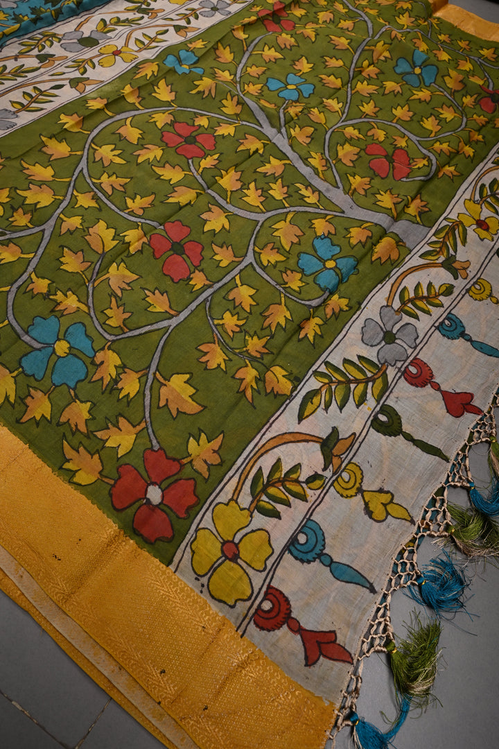 Floral and Birds Theme  :  Authentic Pen Kalamkari Handpainted on Pure Mangalagiri Silk Cotton Saree with Zari Border | SHOBITAM