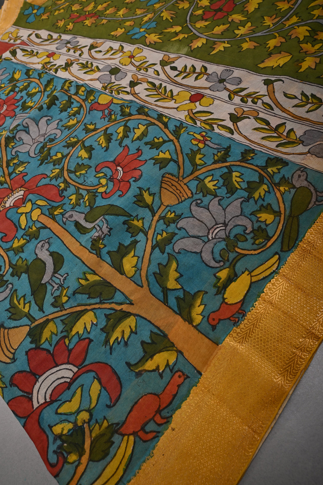 Floral and Birds Theme  :  Authentic Pen Kalamkari Handpainted on Pure Mangalagiri Silk Cotton Saree with Zari Border | SHOBITAM