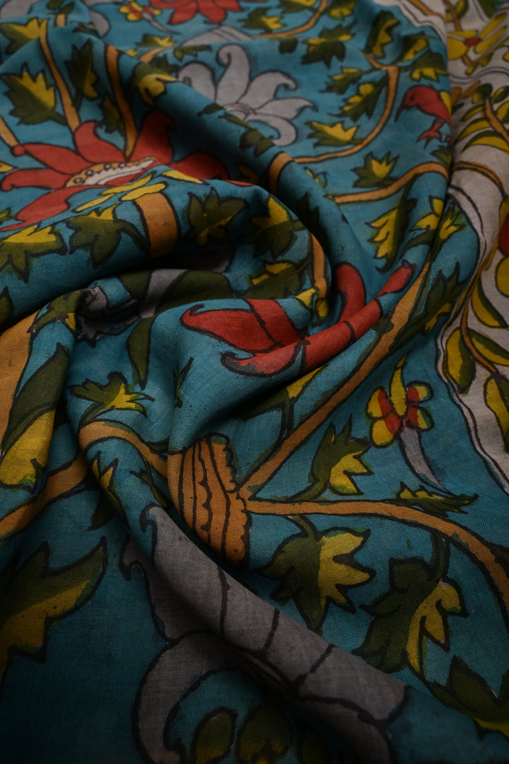 Floral and Birds Theme  :  Authentic Pen Kalamkari Handpainted on Pure Mangalagiri Silk Cotton Saree with Zari Border | SHOBITAM
