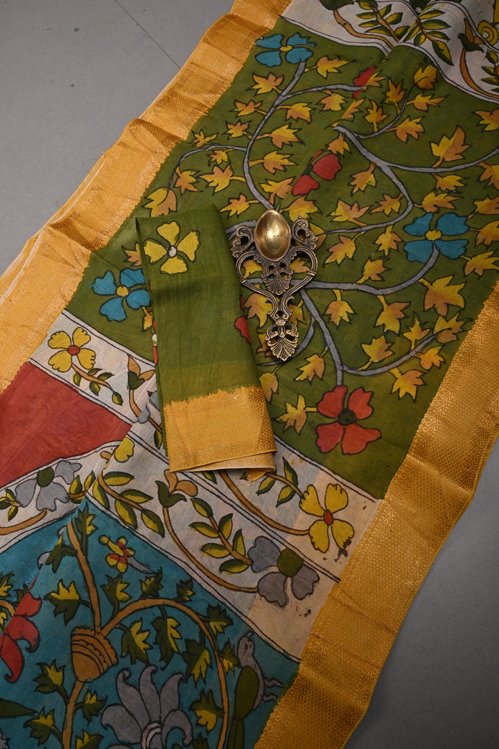 Floral and Birds Theme  :  Authentic Pen Kalamkari Handpainted on Pure Mangalagiri Silk Cotton Saree with Zari Border | SHOBITAM