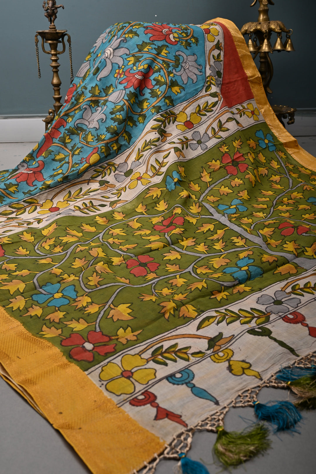 Floral and Birds Theme  :  Authentic Pen Kalamkari Handpainted on Pure Mangalagiri Silk Cotton Saree with Zari Border | SHOBITAM