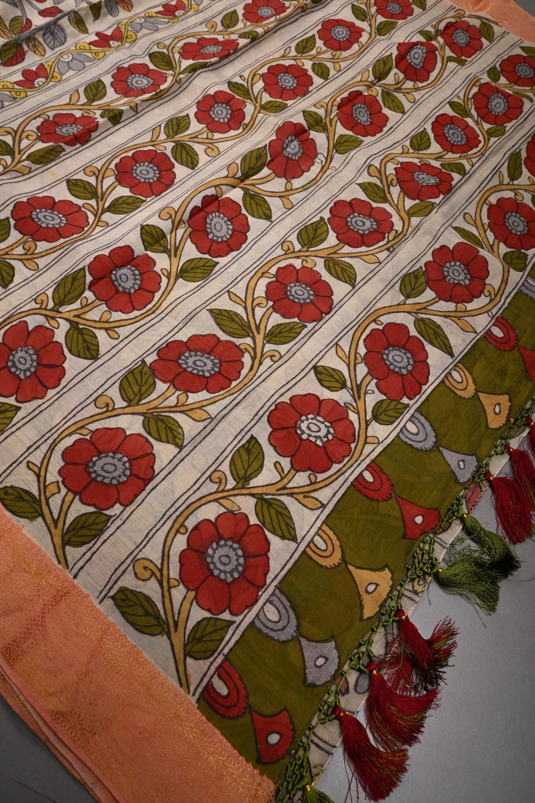 Tree of Life Theme  :  Authentic Pen Kalamkari Handpainted on Pure Mangalagiri Silk Cotton Saree with Zari Border | SHOBITAM