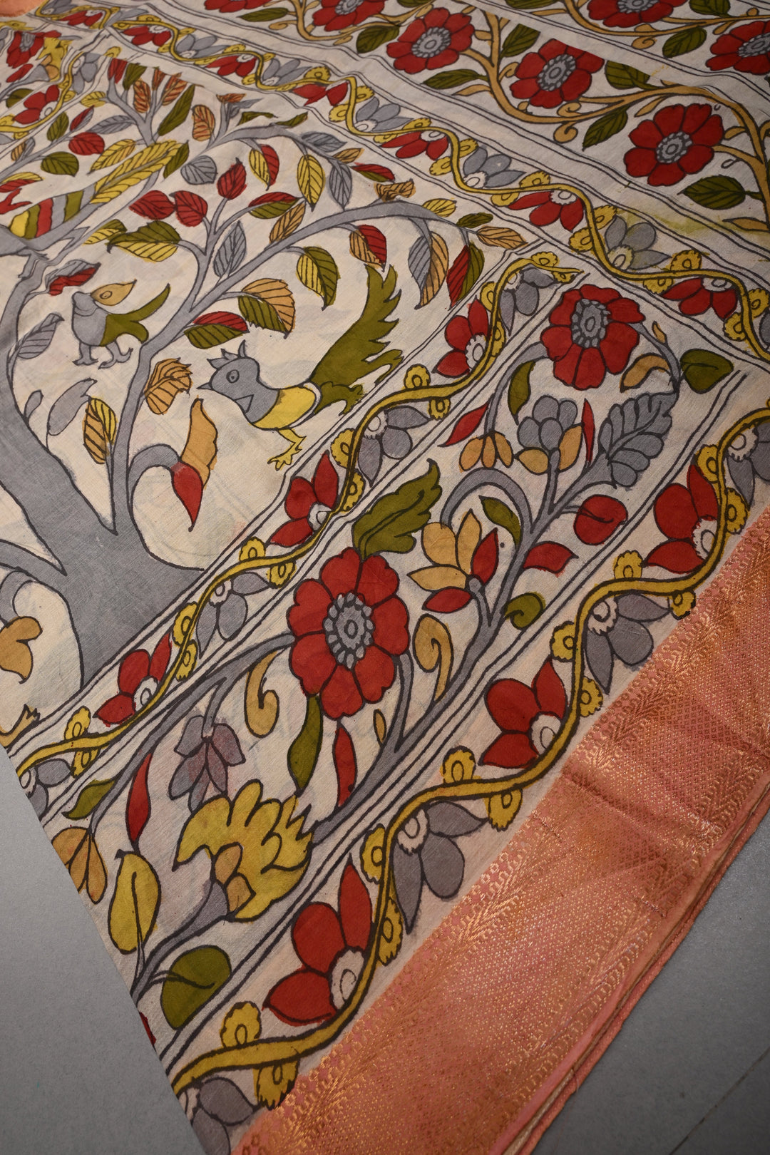 Tree of Life Theme  :  Authentic Pen Kalamkari Handpainted on Pure Mangalagiri Silk Cotton Saree with Zari Border | SHOBITAM