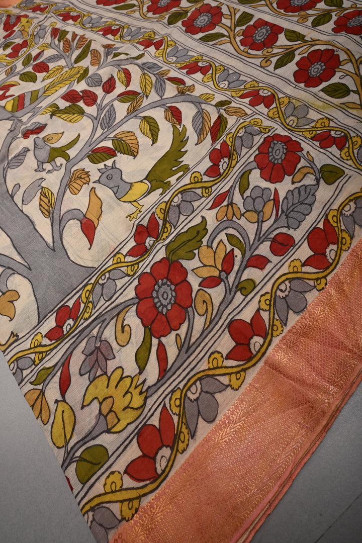 Tree of Life Theme  :  Authentic Pen Kalamkari Handpainted on Pure Mangalagiri Silk Cotton Saree with Zari Border | SHOBITAM