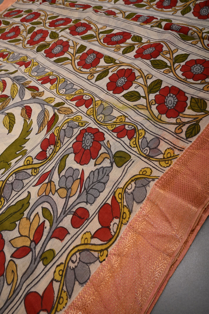 Tree of Life Theme  :  Authentic Pen Kalamkari Handpainted on Pure Mangalagiri Silk Cotton Saree with Zari Border | SHOBITAM
