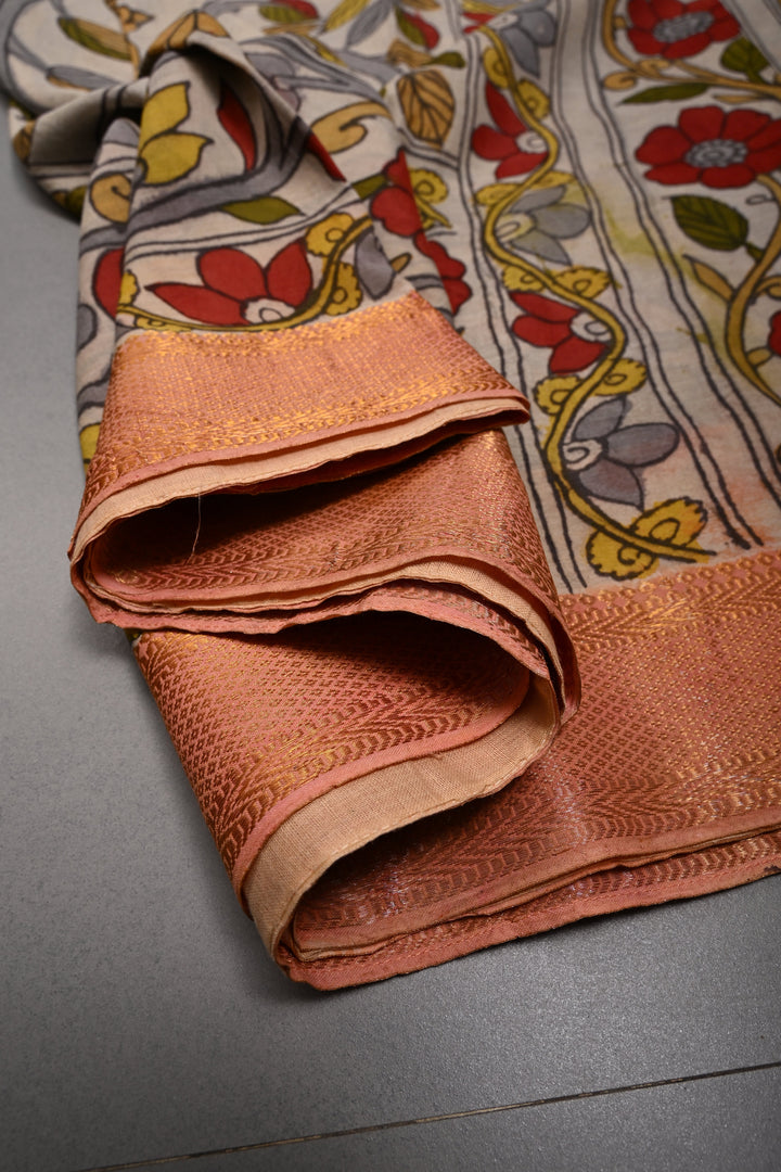 Tree of Life Theme  :  Authentic Pen Kalamkari Handpainted on Pure Mangalagiri Silk Cotton Saree with Zari Border | SHOBITAM