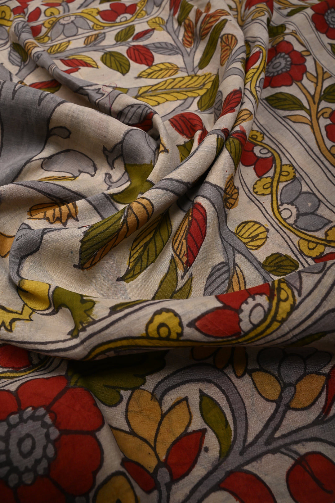 Tree of Life Theme  :  Authentic Pen Kalamkari Handpainted on Pure Mangalagiri Silk Cotton Saree with Zari Border | SHOBITAM