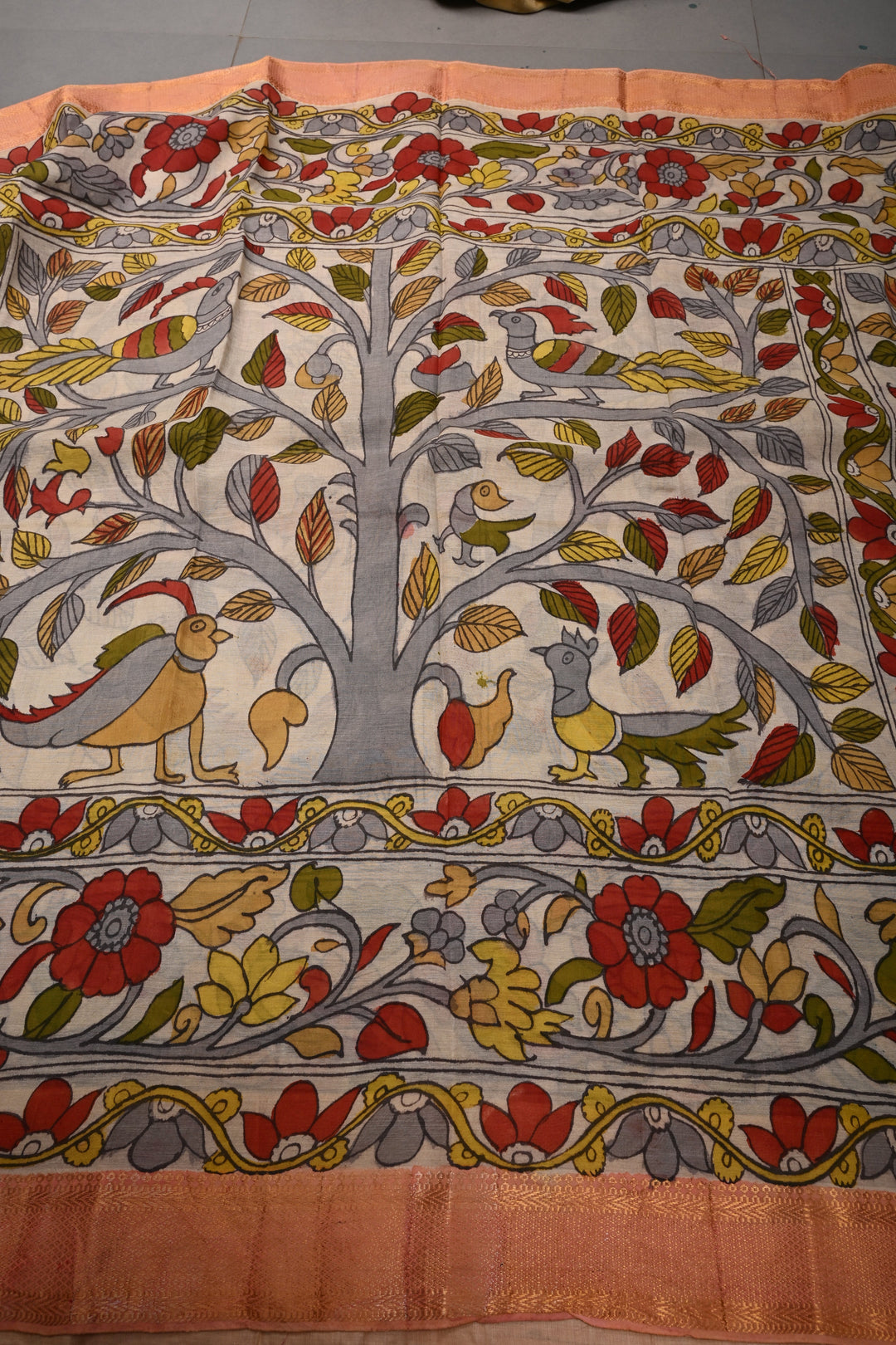 Tree of Life Theme  :  Authentic Pen Kalamkari Handpainted on Pure Mangalagiri Silk Cotton Saree with Zari Border | SHOBITAM
