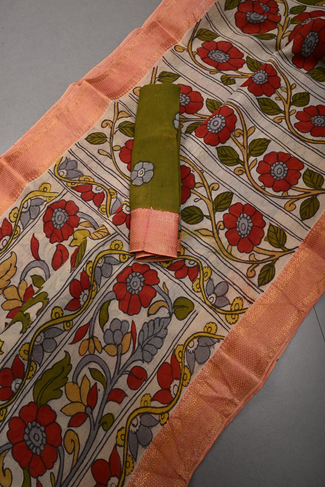 Tree of Life Theme  :  Authentic Pen Kalamkari Handpainted on Pure Mangalagiri Silk Cotton Saree with Zari Border | SHOBITAM