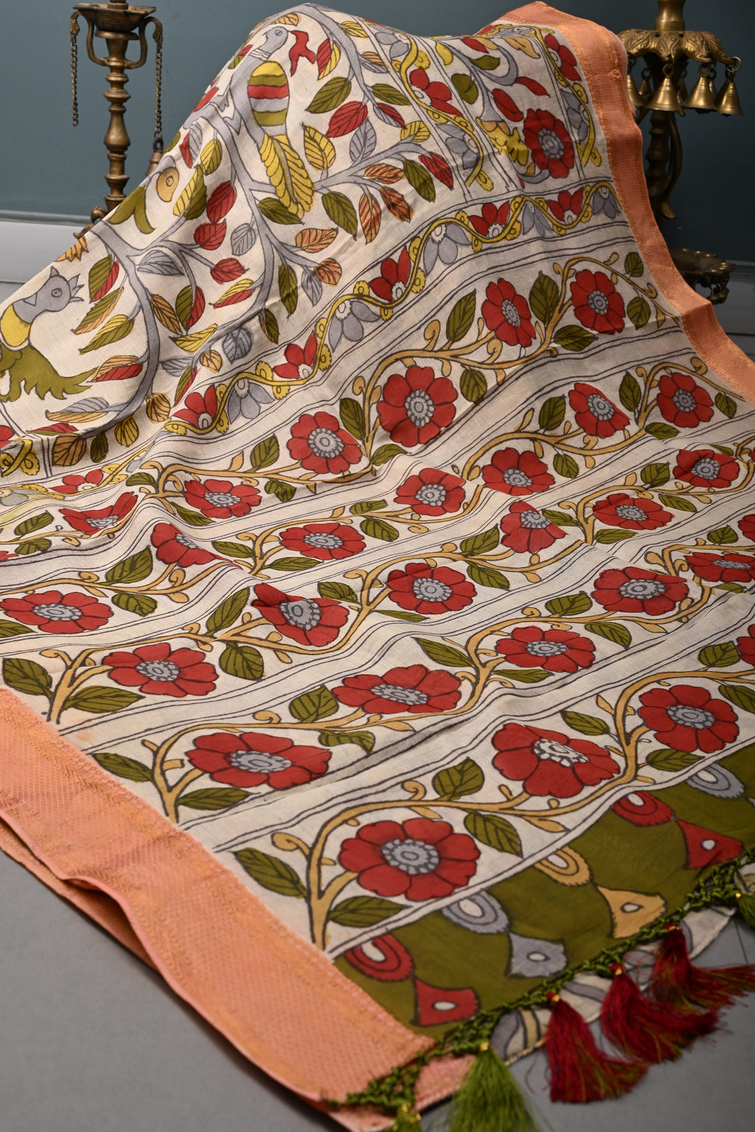 Tree of Life Theme  :  Authentic Pen Kalamkari Handpainted on Pure Mangalagiri Silk Cotton Saree with Zari Border | SHOBITAM