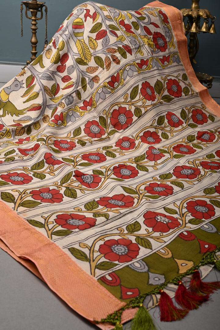Tree of Life Theme  :  Authentic Pen Kalamkari Handpainted on Pure Mangalagiri Silk Cotton Saree with Zari Border | SHOBITAM