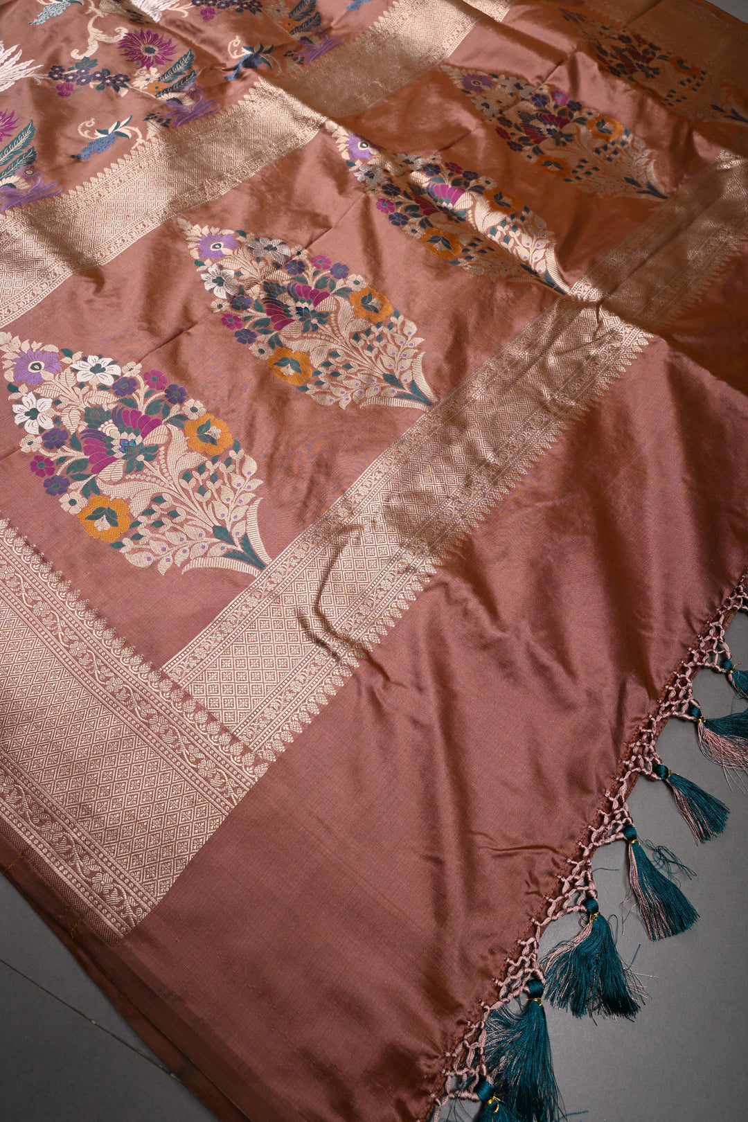 Bronze Banarasi Katan Silk Saree with Meenakari Floral Jaal and Zari Border | SILK MARK CERTIFIED | SHOBITAM