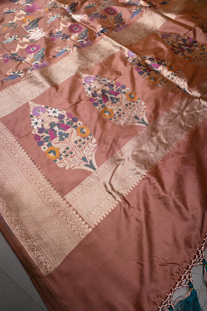 Bronze Banarasi Katan Silk Saree with Meenakari Floral Jaal and Zari Border | SILK MARK CERTIFIED | SHOBITAM