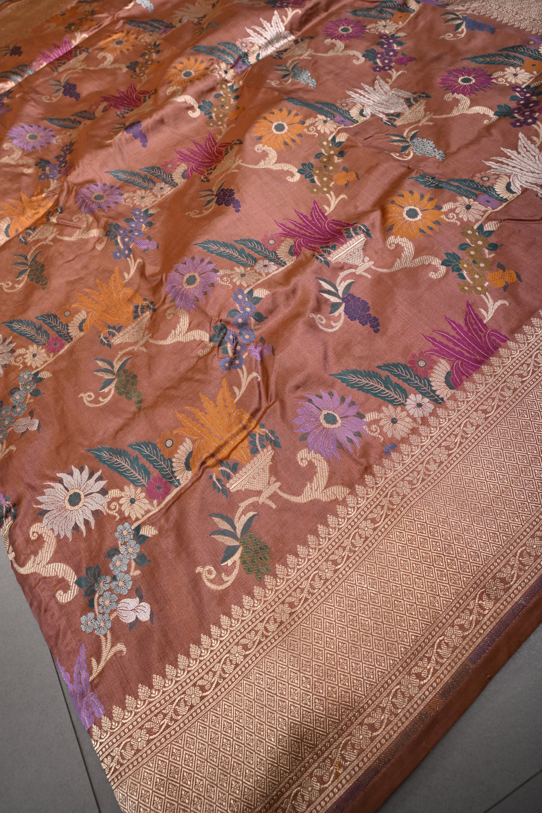 Bronze Banarasi Katan Silk Saree with Meenakari Floral Jaal and Zari Border | SILK MARK CERTIFIED | SHOBITAM