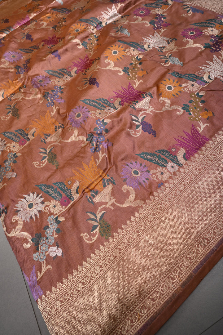 Bronze Banarasi Katan Silk Saree with Meenakari Floral Jaal and Zari Border | SILK MARK CERTIFIED | SHOBITAM