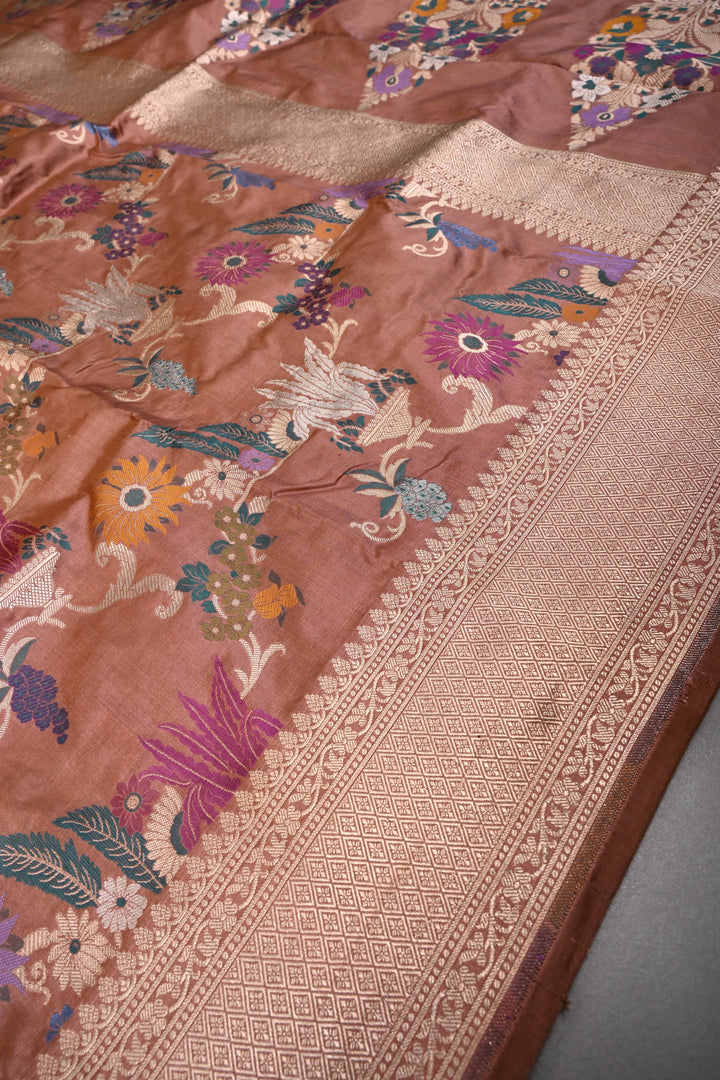Bronze Banarasi Katan Silk Saree with Meenakari Floral Jaal and Zari Border | SILK MARK CERTIFIED | SHOBITAM