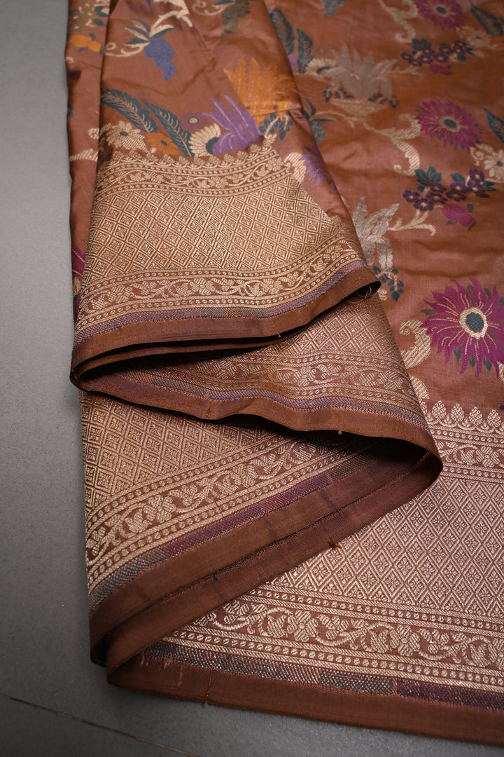 Bronze Banarasi Katan Silk Saree with Meenakari Floral Jaal and Zari Border | SILK MARK CERTIFIED | SHOBITAM