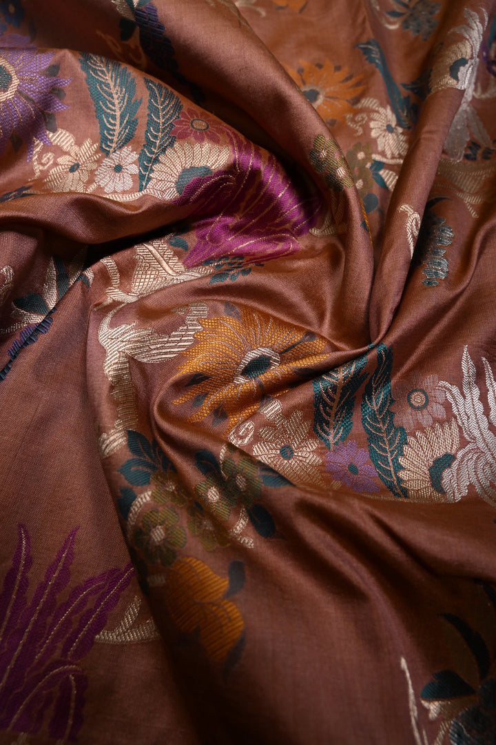 Bronze Banarasi Katan Silk Saree with Meenakari Floral Jaal and Zari Border | SILK MARK CERTIFIED | SHOBITAM
