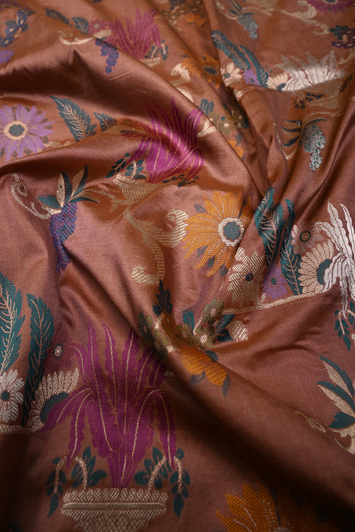 Bronze Banarasi Katan Silk Saree with Meenakari Floral Jaal and Zari Border | SILK MARK CERTIFIED | SHOBITAM