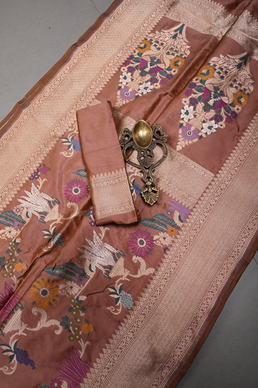 Bronze Banarasi Katan Silk Saree with Meenakari Floral Jaal and Zari Border | SILK MARK CERTIFIED | SHOBITAM
