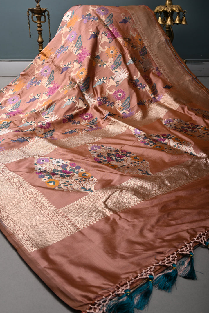 Bronze Banarasi Katan Silk Saree with Meenakari Floral Jaal and Zari Border | SILK MARK CERTIFIED | SHOBITAM