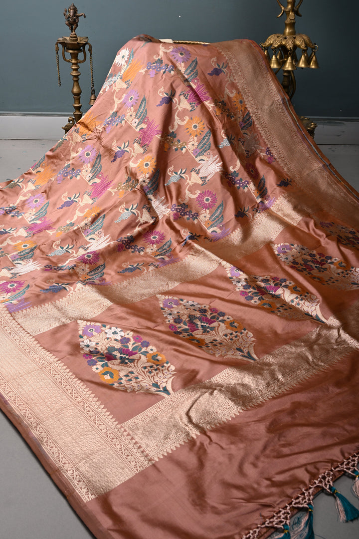 Bronze Banarasi Katan Silk Saree with Meenakari Floral Jaal and Zari Border | SILK MARK CERTIFIED | SHOBITAM