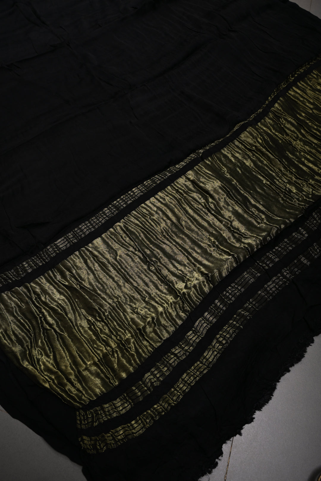 Black Borderless Modal Silk Saree with Lagda Patta Crushed Tissue Pallu | SHOBITAM