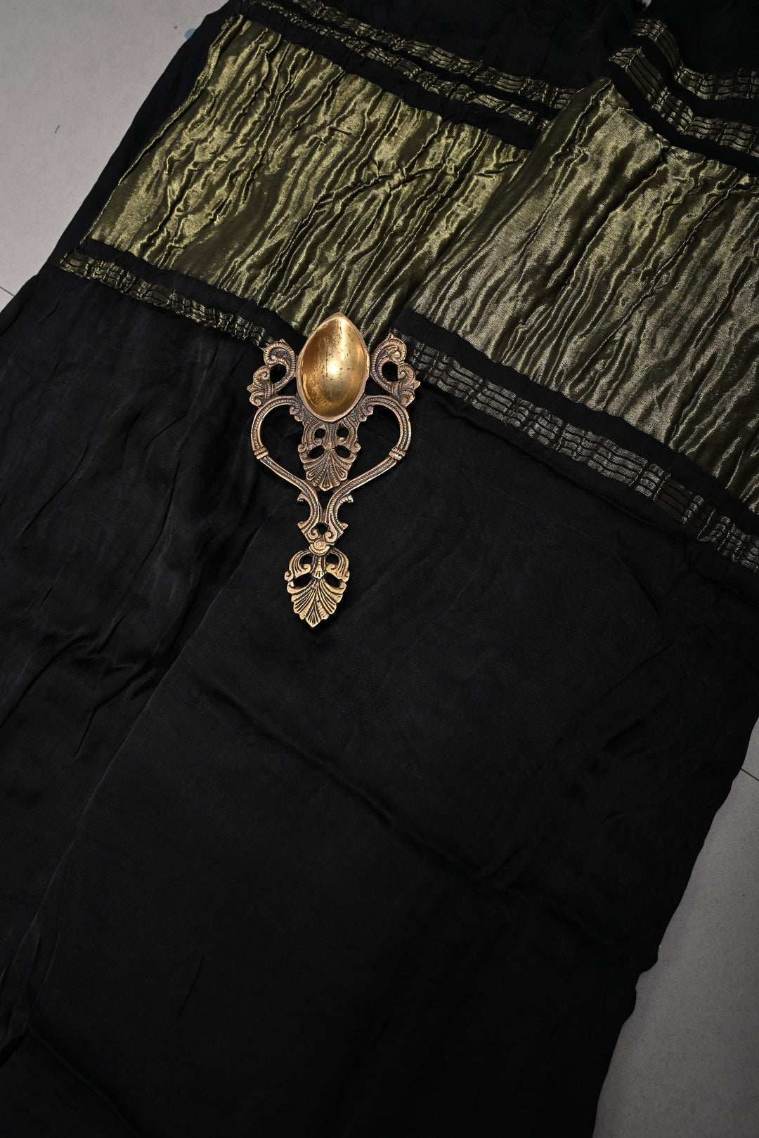 Black Borderless Modal Silk Saree with Lagda Patta Crushed Tissue Pallu | SHOBITAM