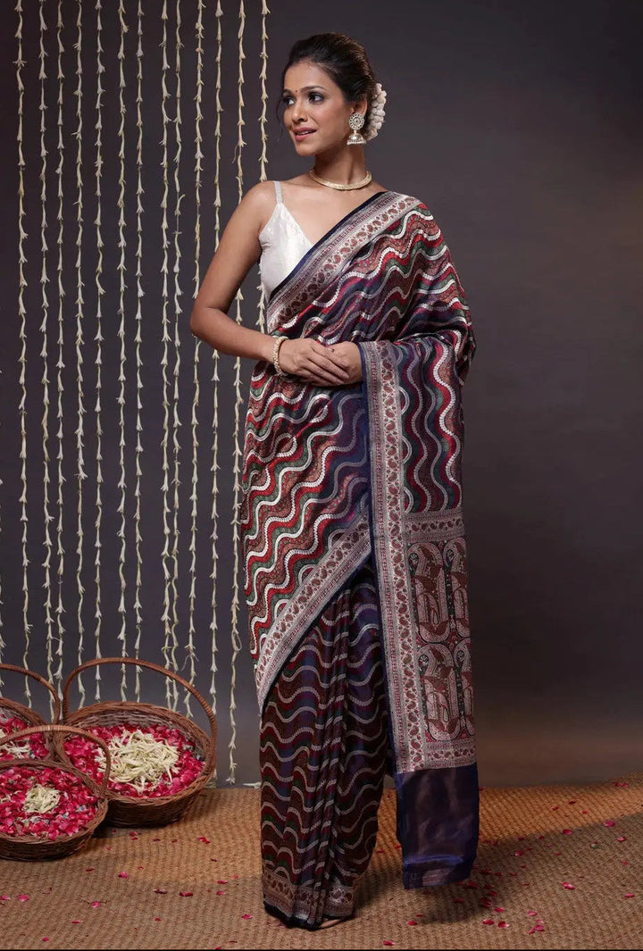Stunning Chevron Design Handloom Navy Blue Tanchoi Silk Banarasi Saree | SILK MARK CERTIFIED
