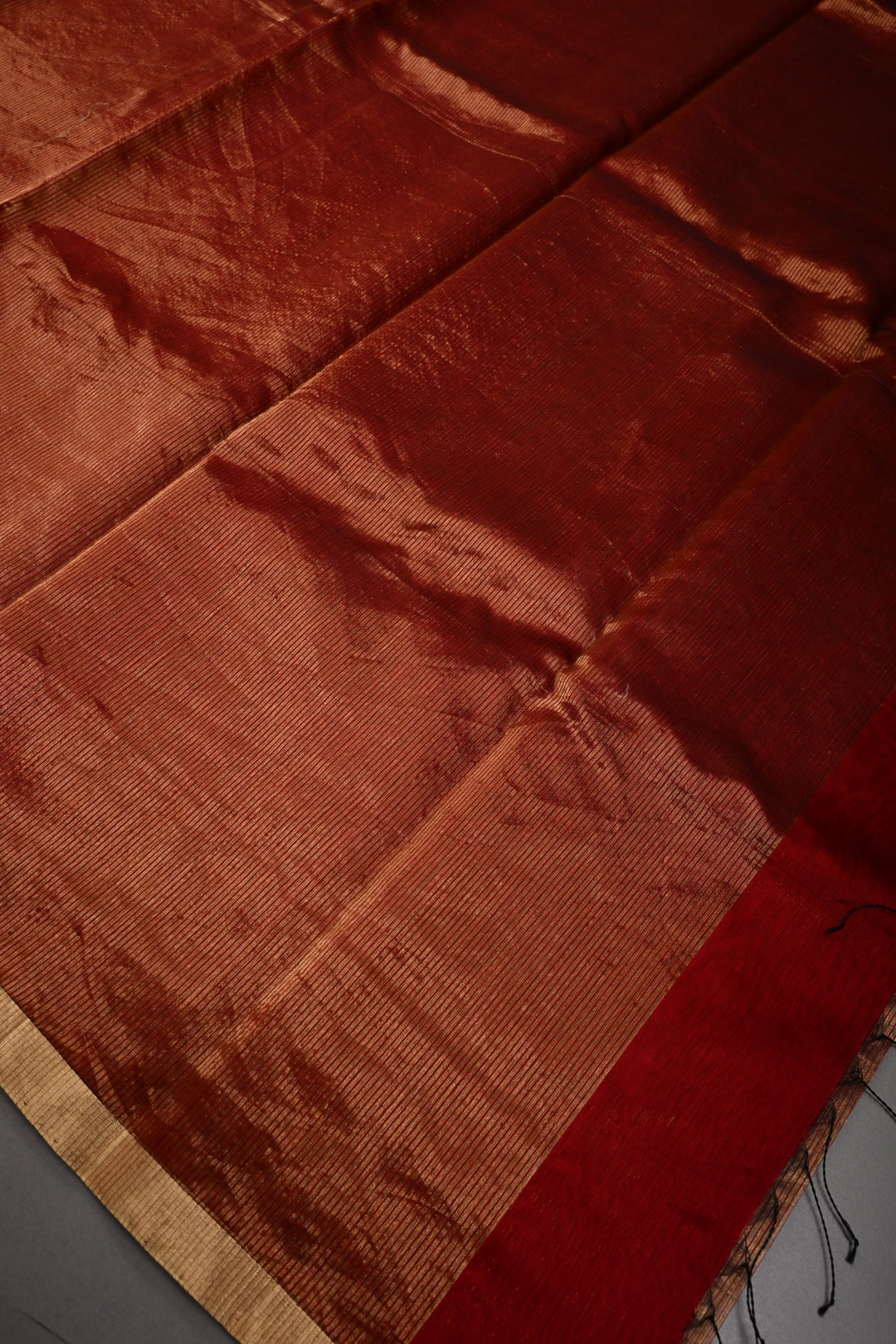 Brick Red Tissue Stripes Maheshwari Silk Cotton Saree and Minimal Zari Border | SHOBITAM (Copy)