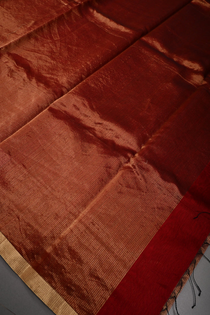 Brick Red Tissue Stripes Maheshwari Silk Cotton Saree and Minimal Zari Border | SHOBITAM (Copy)