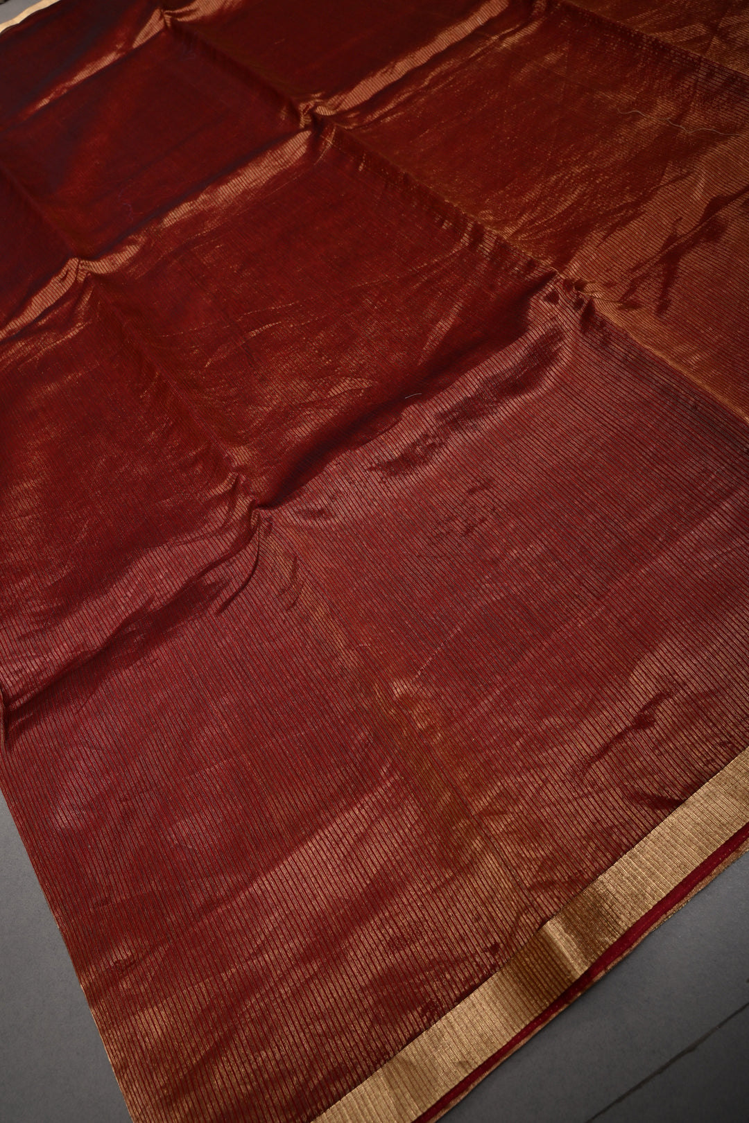 Brick Red Tissue Stripes Maheshwari Silk Cotton Saree and Minimal Zari Border | SHOBITAM (Copy)