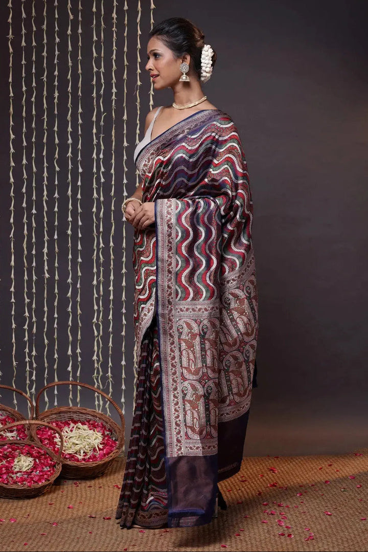 Stunning Chevron Design Handloom Navy Blue Tanchoi Silk Banarasi Saree | SILK MARK CERTIFIED