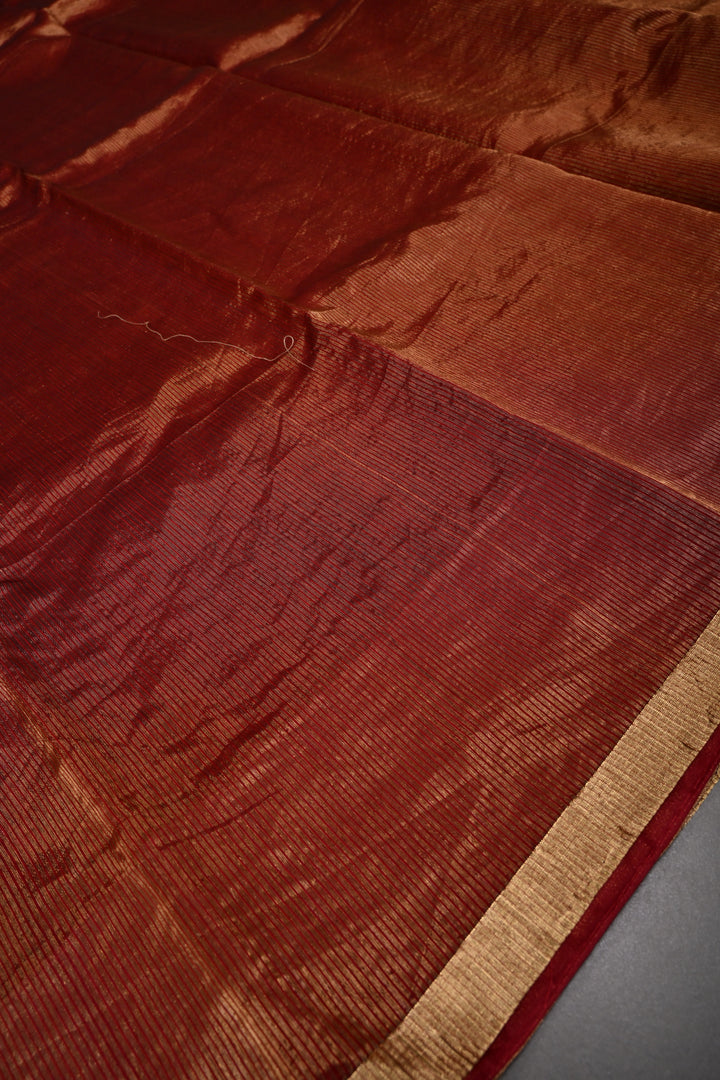 Brick Red Tissue Stripes Maheshwari Silk Cotton Saree and Minimal Zari Border | SHOBITAM (Copy)