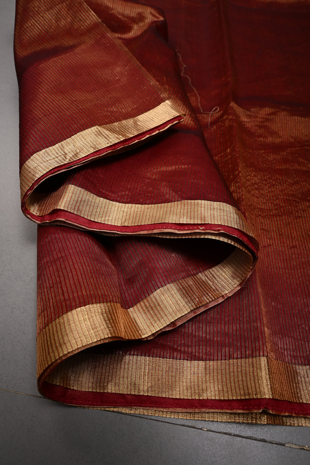 Brick Red Tissue Stripes Maheshwari Silk Cotton Saree and Minimal Zari Border | SHOBITAM (Copy)