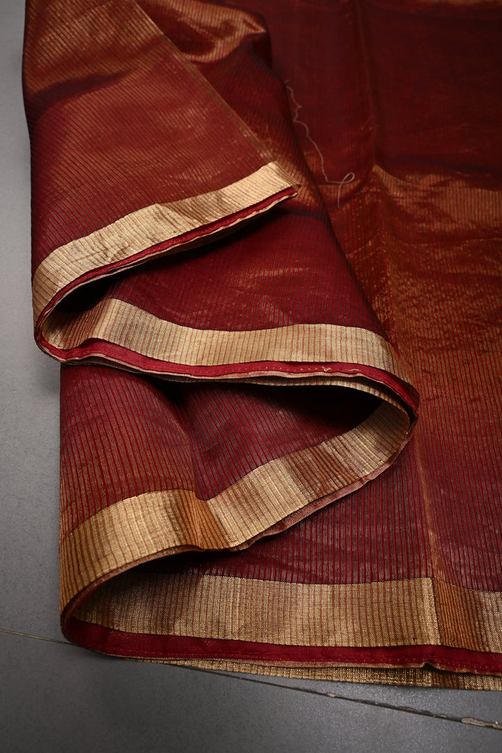 Brick Red Tissue Stripes Maheshwari Silk Cotton Saree and Minimal Zari Border | SHOBITAM (Copy)