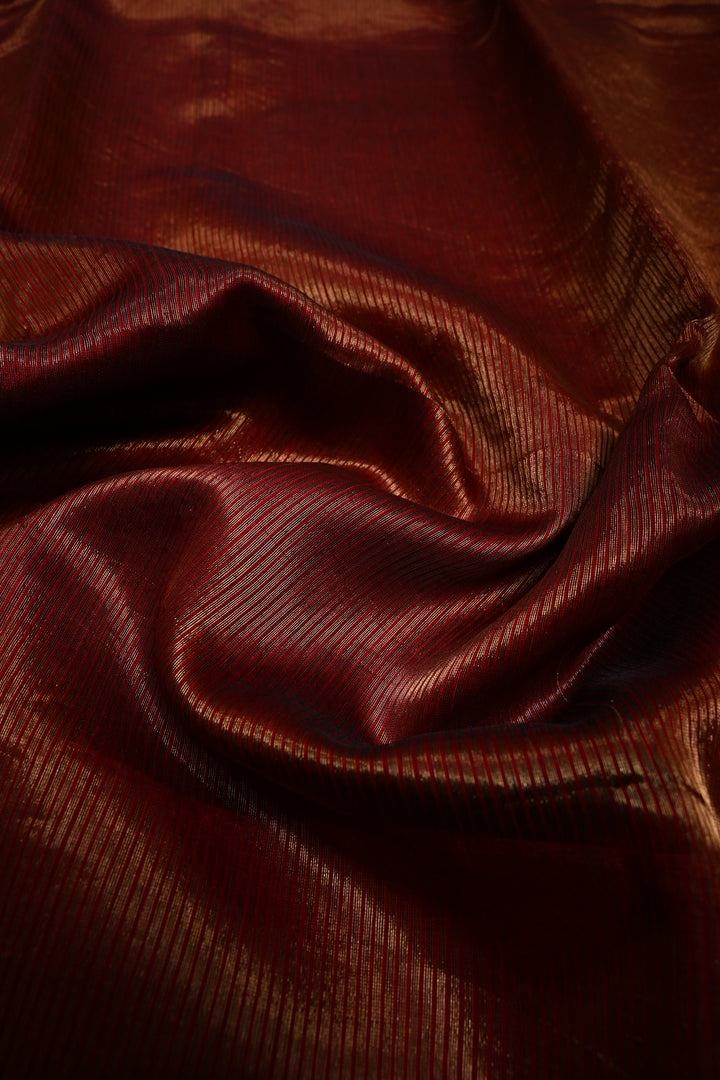 Brick Red Tissue Stripes Maheshwari Silk Cotton Saree and Minimal Zari Border | SHOBITAM (Copy)