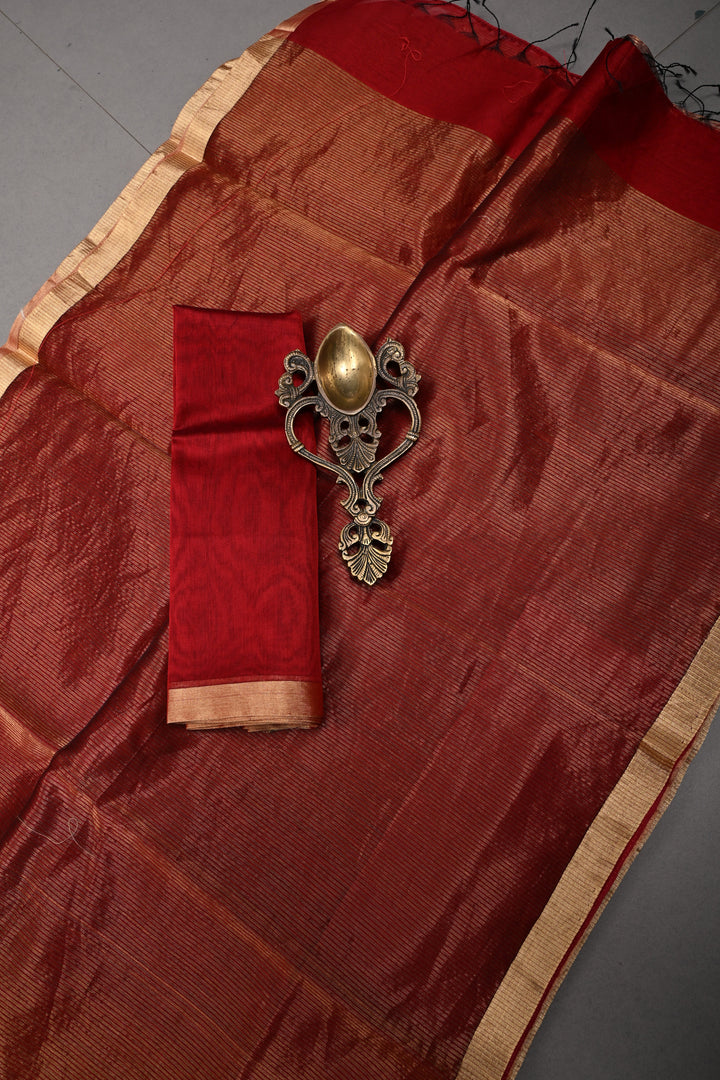 Brick Red Tissue Stripes Maheshwari Silk Cotton Saree and Minimal Zari Border | SHOBITAM (Copy)