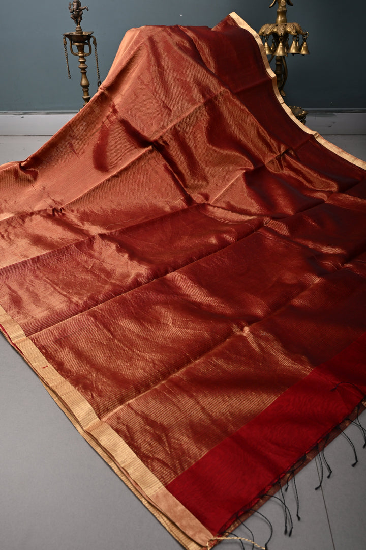 Brick Red Tissue Stripes Maheshwari Silk Cotton Saree and Minimal Zari Border | SHOBITAM (Copy)