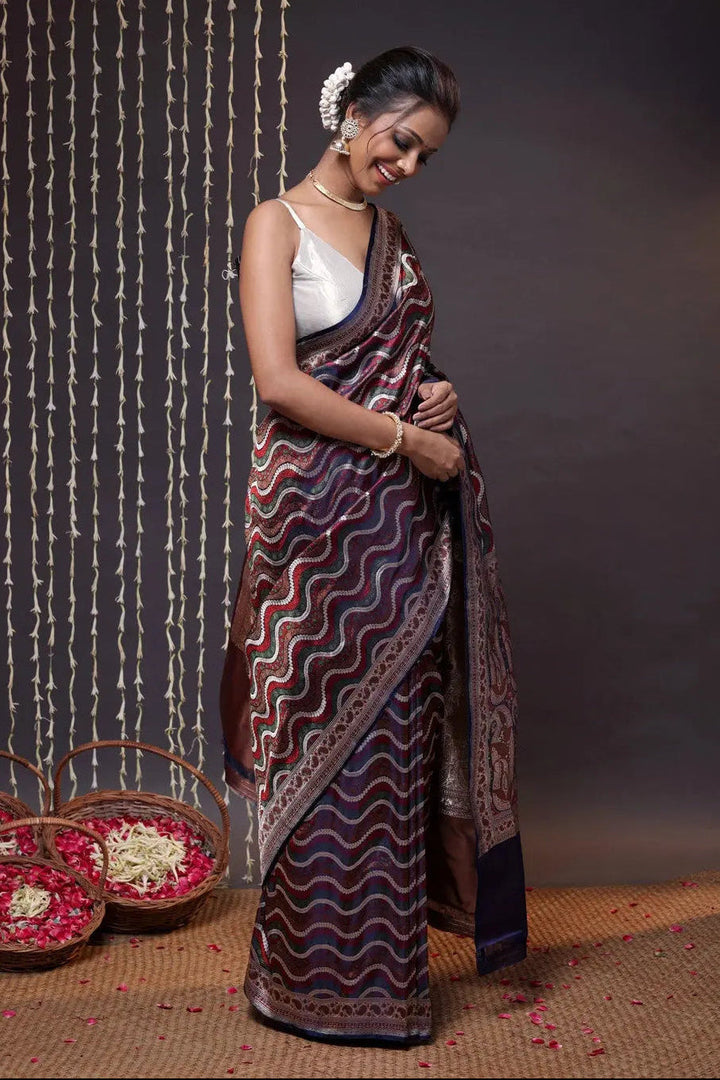 Stunning Chevron Design Handloom Navy Blue Tanchoi Silk Banarasi Saree | SILK MARK CERTIFIED