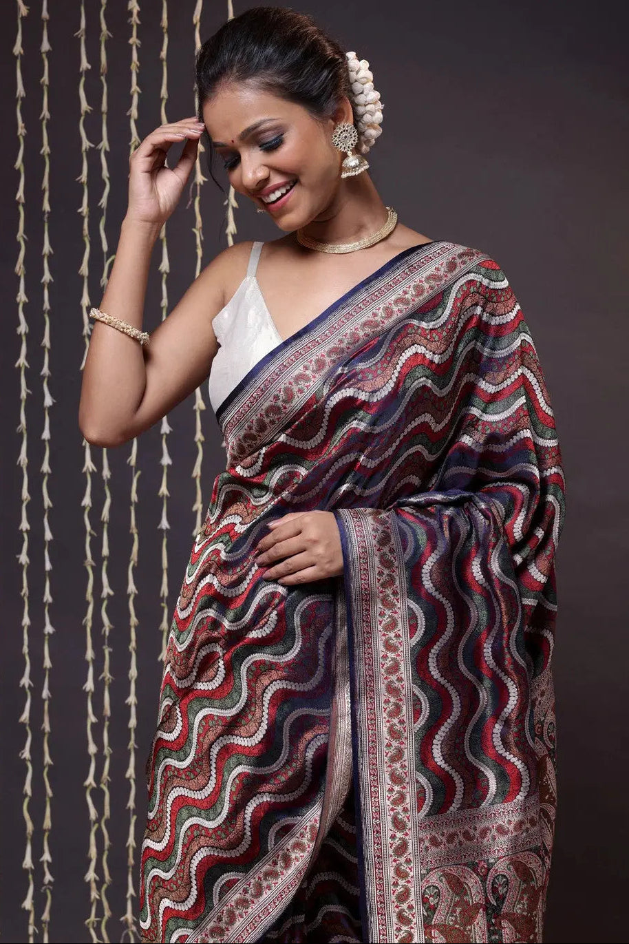 Stunning Chevron Design Handloom Navy Blue Tanchoi Silk Banarasi Saree | SILK MARK CERTIFIED