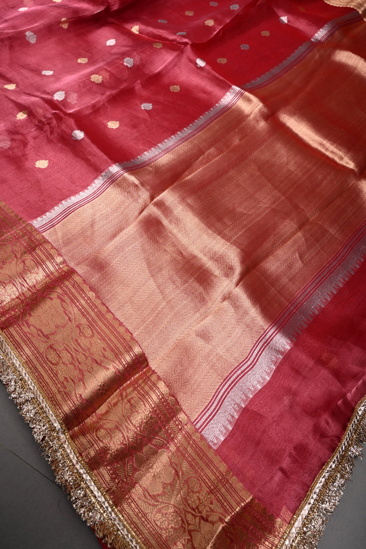 Pinkish Red Pure Banarasi Organza Tissue Silk Saree with Sona Rupa Zari Buttas and Fancy Trim Lace Border | SILK MARK CERTIFIED | SHOBITAM