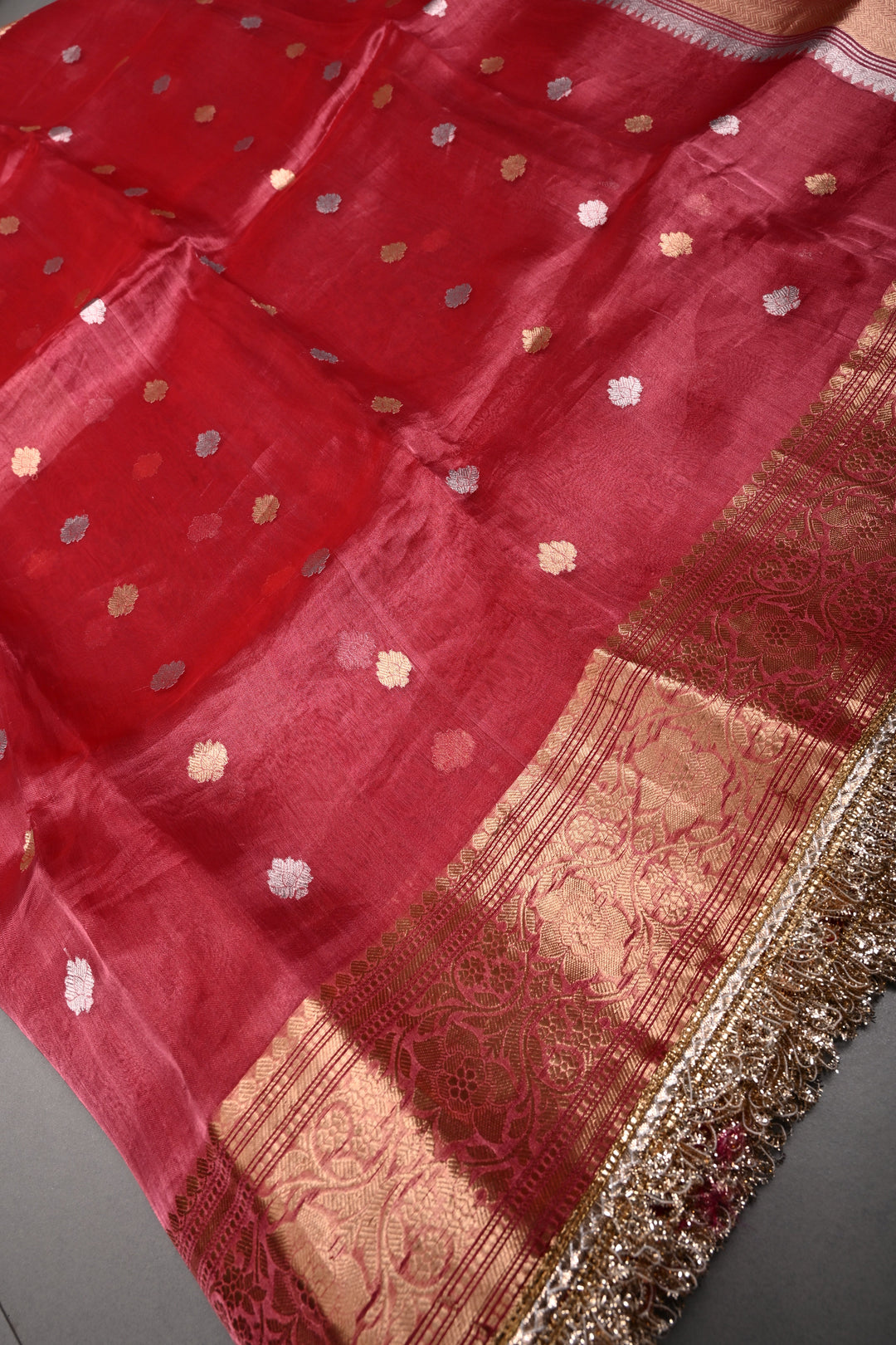 Pinkish Red Pure Banarasi Organza Tissue Silk Saree with Sona Rupa Zari Buttas and Fancy Trim Lace Border | SILK MARK CERTIFIED | SHOBITAM