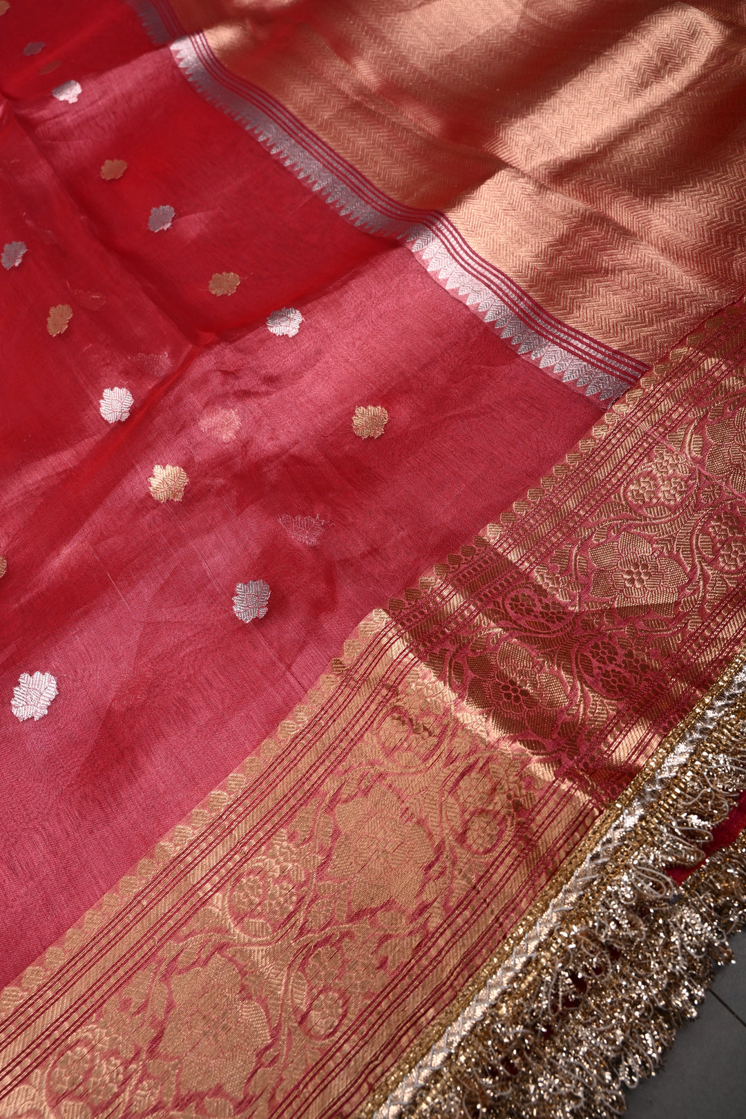 Pinkish Red Pure Banarasi Organza Tissue Silk Saree with Sona Rupa Zari Buttas and Fancy Trim Lace Border | SILK MARK CERTIFIED | SHOBITAM