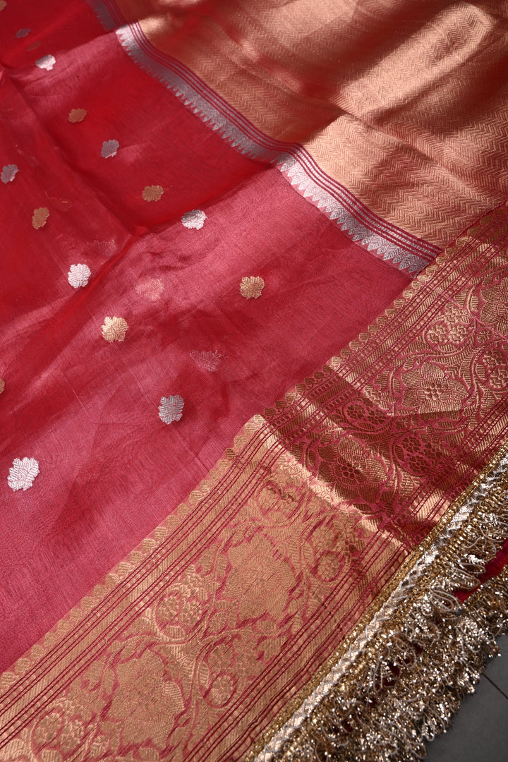 Pinkish Red Pure Banarasi Organza Tissue Silk Saree with Sona Rupa Zari Buttas and Fancy Trim Lace Border | SILK MARK CERTIFIED | SHOBITAM