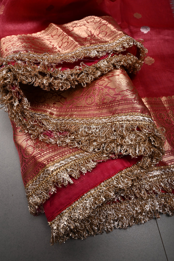 Pinkish Red Pure Banarasi Organza Tissue Silk Saree with Sona Rupa Zari Buttas and Fancy Trim Lace Border | SILK MARK CERTIFIED | SHOBITAM