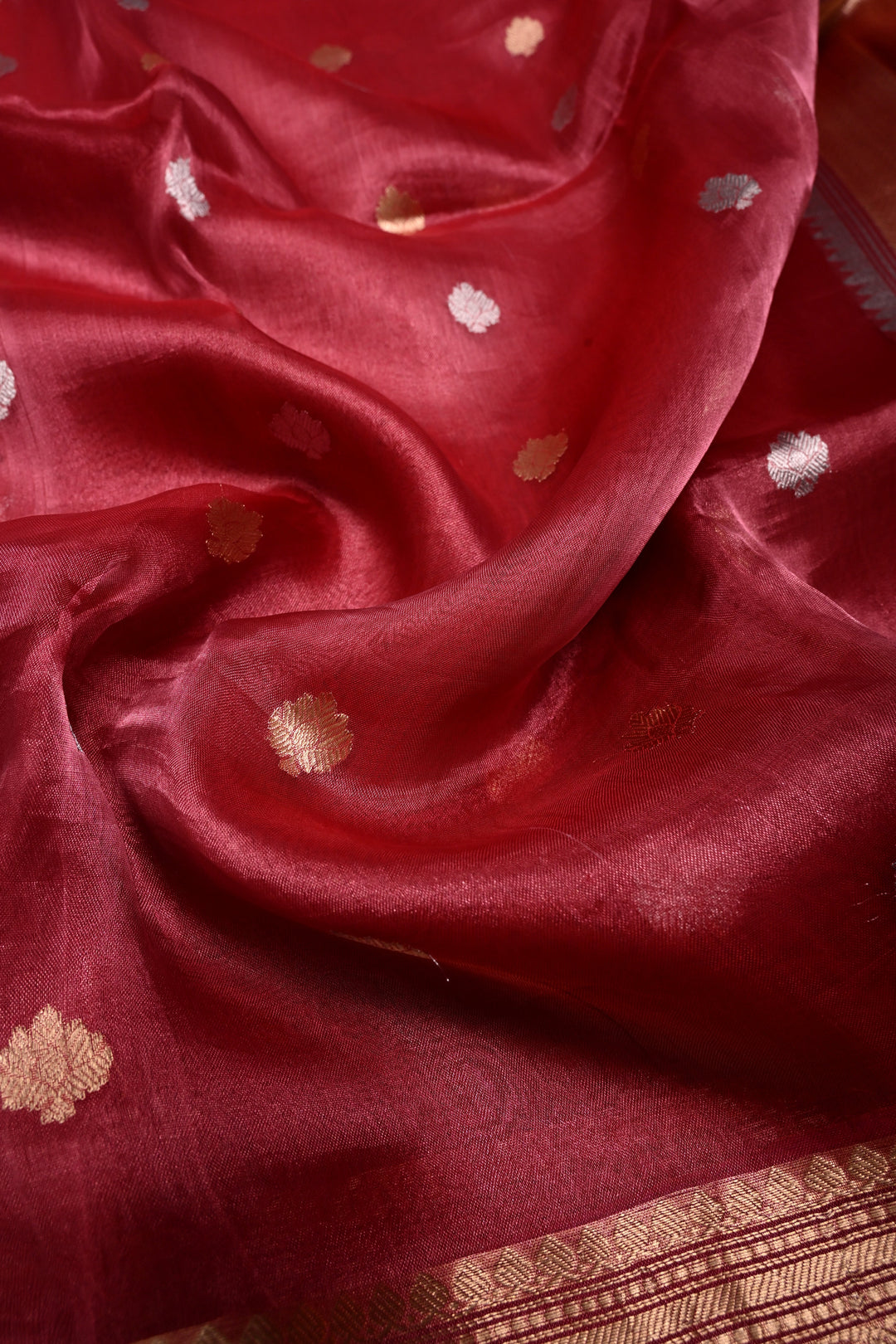 Pinkish Red Pure Banarasi Organza Tissue Silk Saree with Sona Rupa Zari Buttas and Fancy Trim Lace Border | SILK MARK CERTIFIED | SHOBITAM
