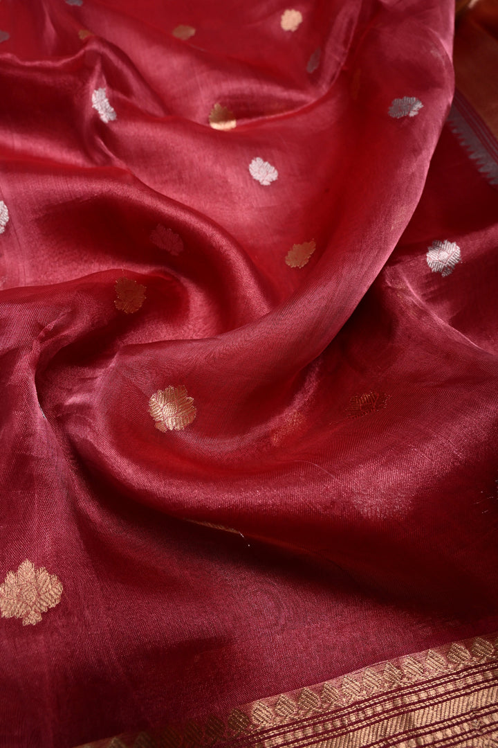 Pinkish Red Pure Banarasi Organza Tissue Silk Saree with Sona Rupa Zari Buttas and Fancy Trim Lace Border | SILK MARK CERTIFIED | SHOBITAM