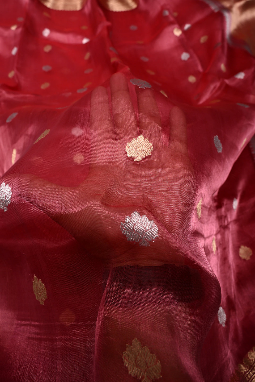 Pinkish Red Pure Banarasi Organza Tissue Silk Saree with Sona Rupa Zari Buttas and Fancy Trim Lace Border | SILK MARK CERTIFIED | SHOBITAM